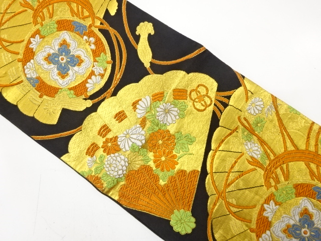 JAPANESE KIMONO / ANTIQUE FUKURO OBI / WOVEN DRUM & FAN